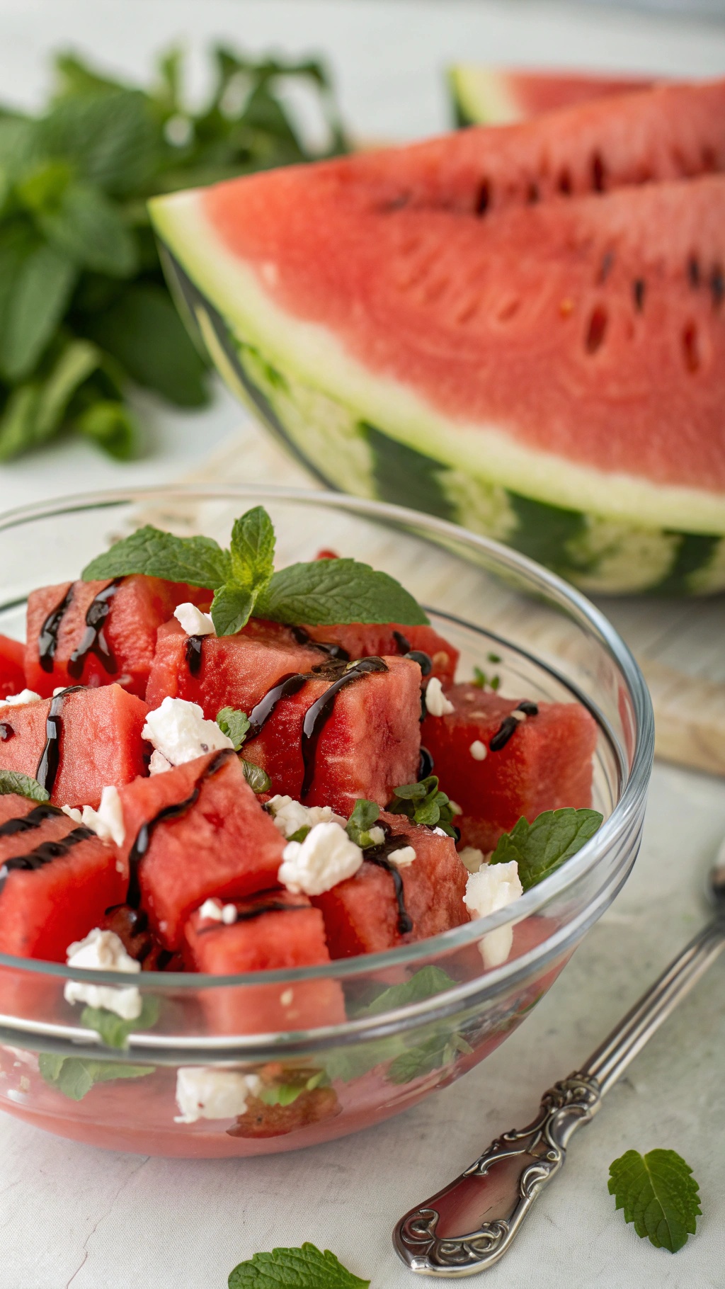 A refreshing watermelon and feta salad with mint leaves and balsamic glaze, served in a glass bowl with a watermelon slice in the background.