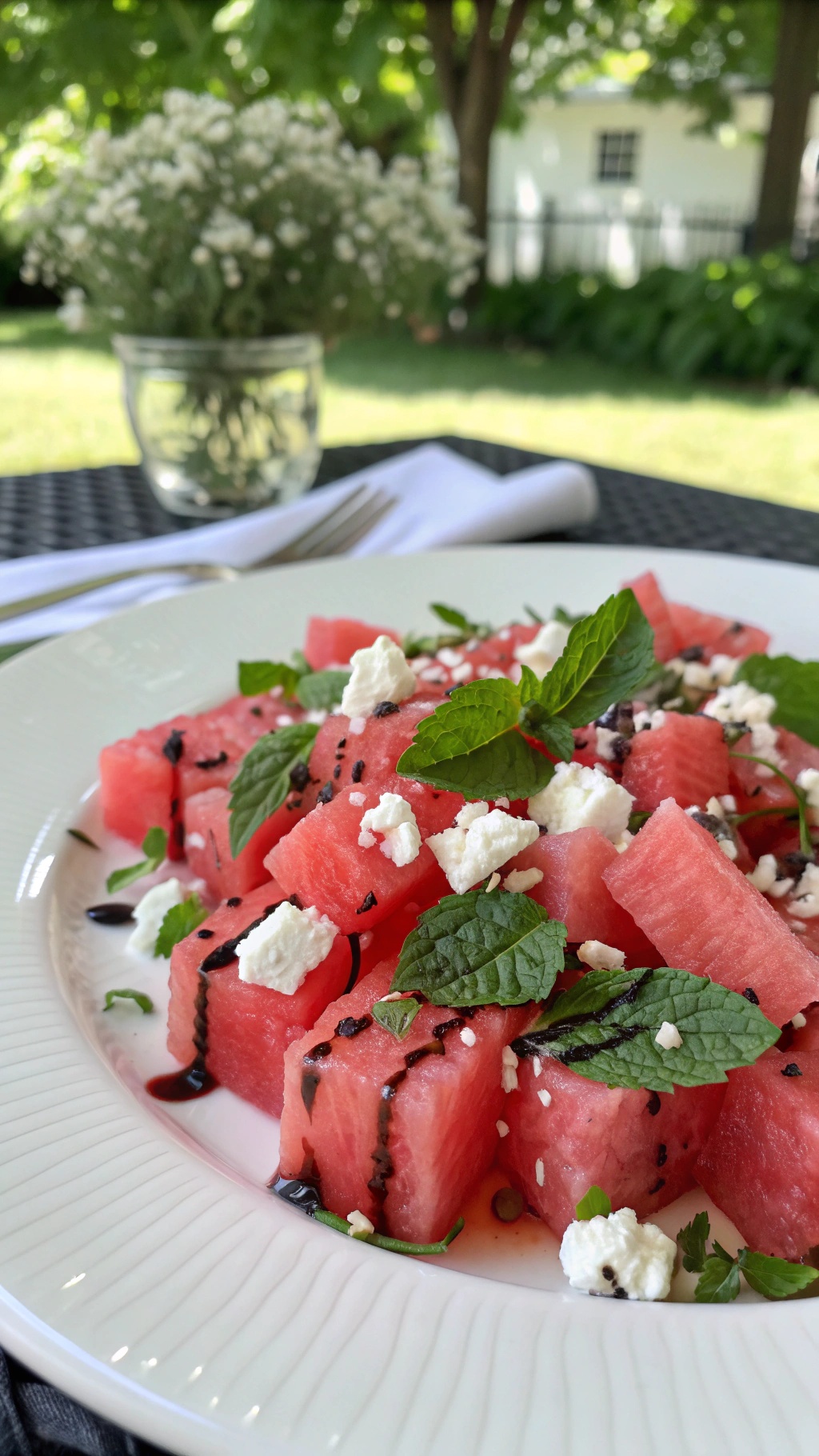 A vibrant watermelon and feta salad garnished with mint leaves, served on a white plate.