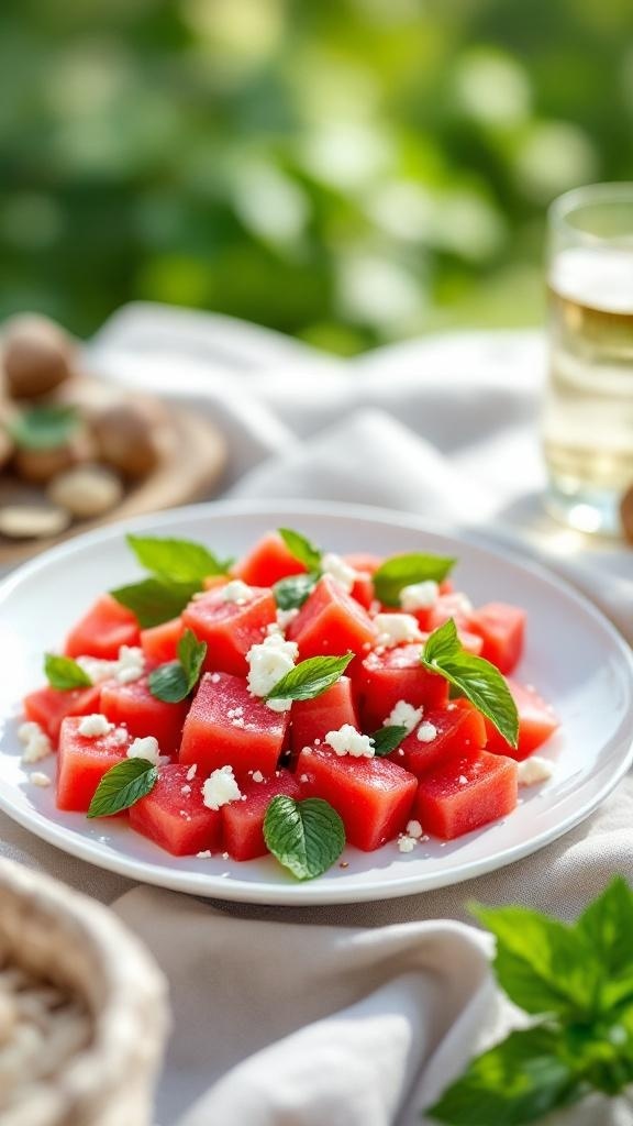 A vibrant watermelon feta salad with mint leaves on a white plate.