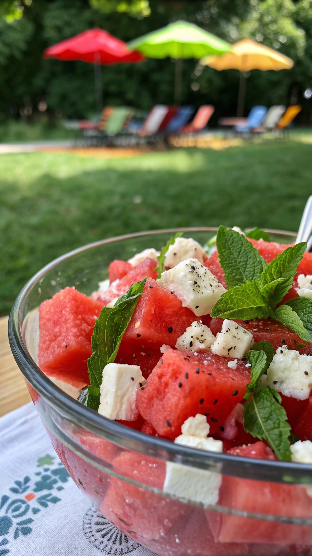 A bowl of watermelon feta salad with mint leaves, set in a sunny outdoor environment.