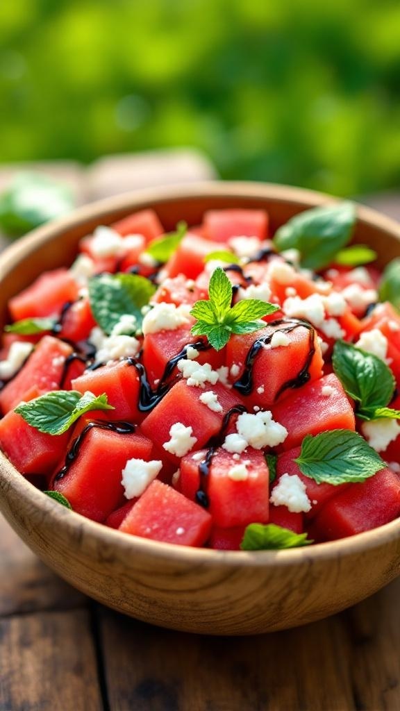 A refreshing watermelon salad with feta cheese and mint, drizzled with balsamic reduction in a wooden bowl.
