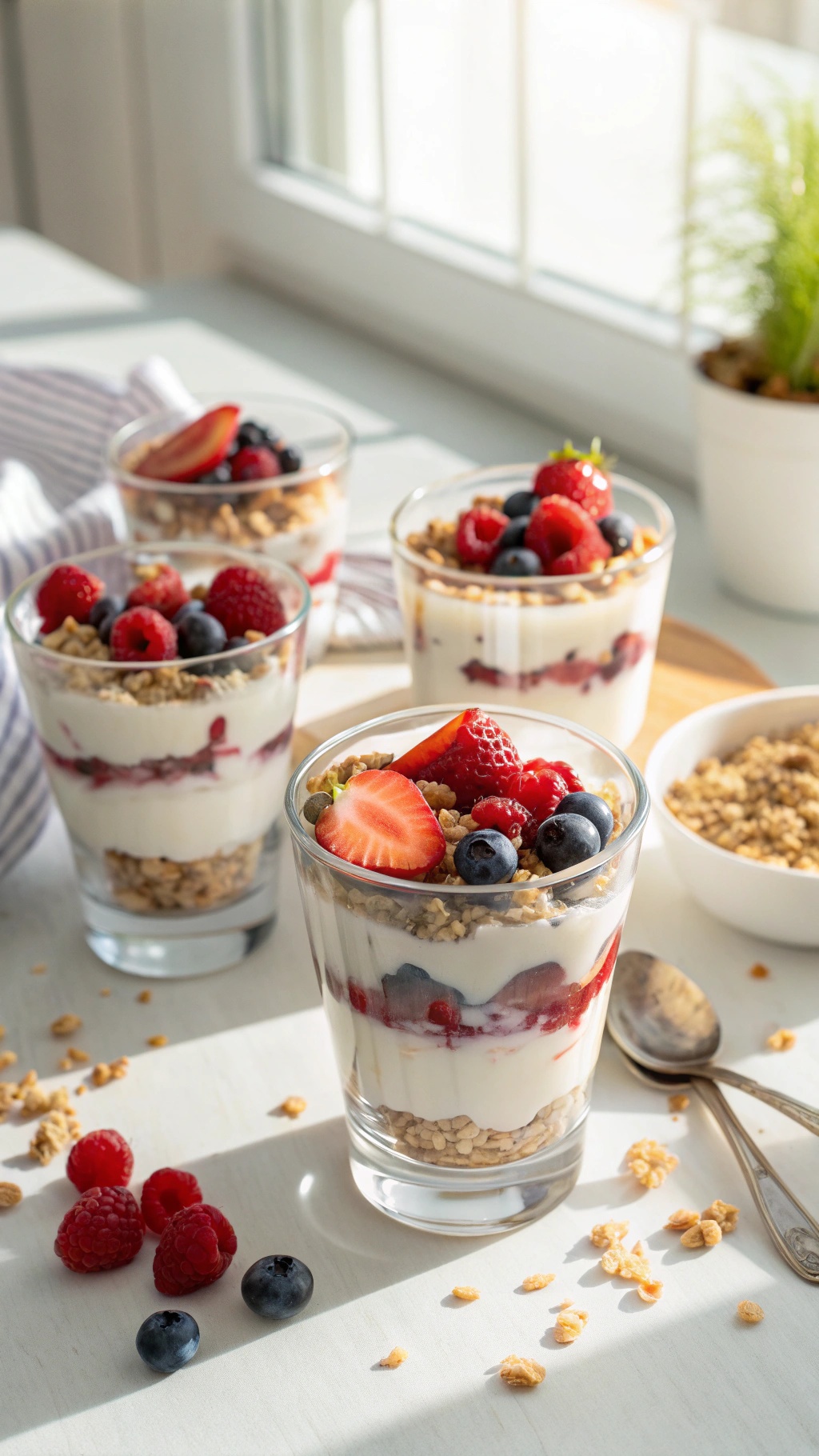 Yogurt parfaits with granola and mixed berries in clear glasses