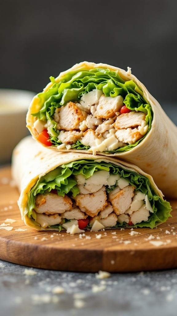 A fresh Chicken Caesar wrap with rotisserie chicken, lettuce, and tomatoes, sliced in half on a wooden board.