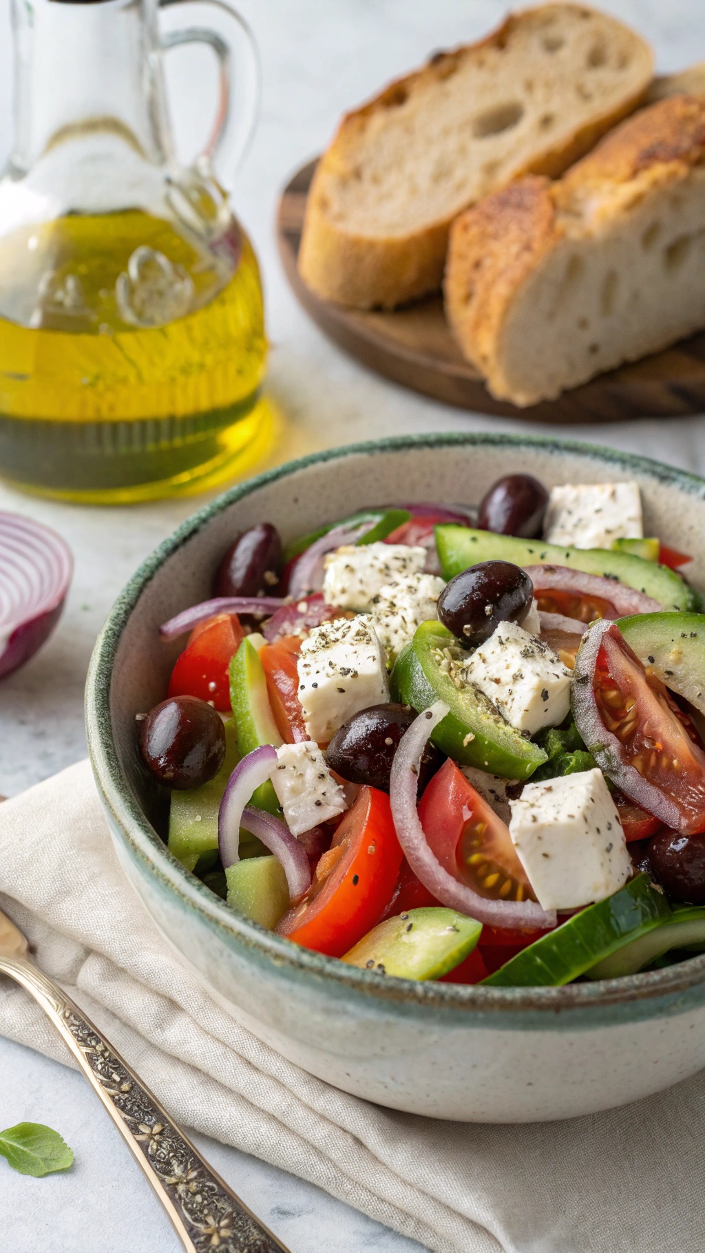 A traditional Greek salad with tomatoes, cucumbers, bell peppers, red onion, olives, and feta cheese, served with olive oil and bread.