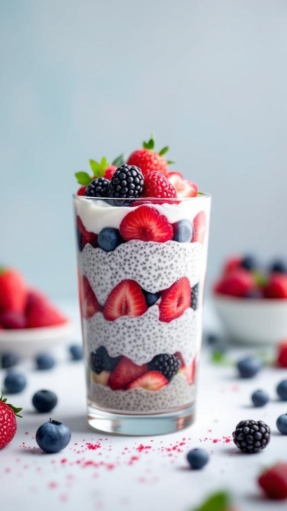 A colorful berry chia seed parfait in a glass, layered with chia pudding, strawberries, blueberries, and blackberries.