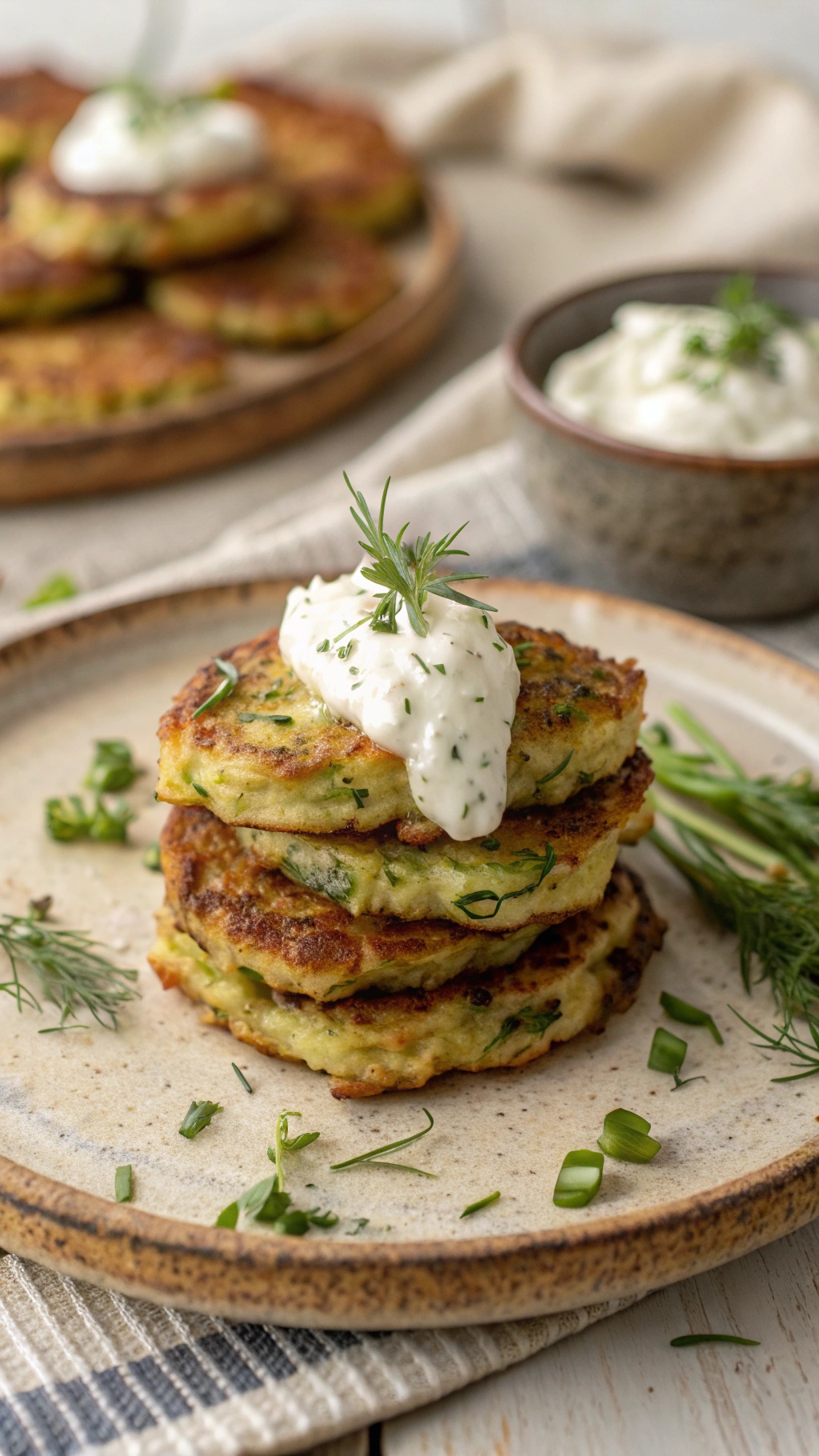 A plate of golden-brown zucchini fritters topped with creamy sauce and fresh herbs.