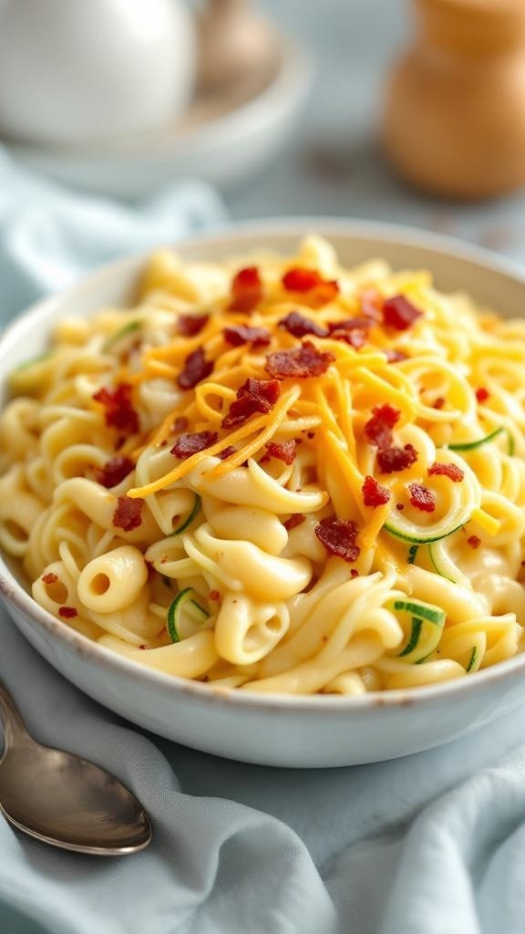 A bowl of Keto Mac and Cheese topped with bacon bits and shredded cheese.