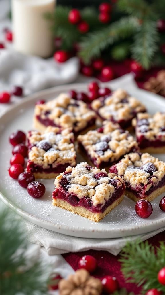 Cranberry sauce dessert bars on a plate, garnished with cranberries and powdered sugar.
