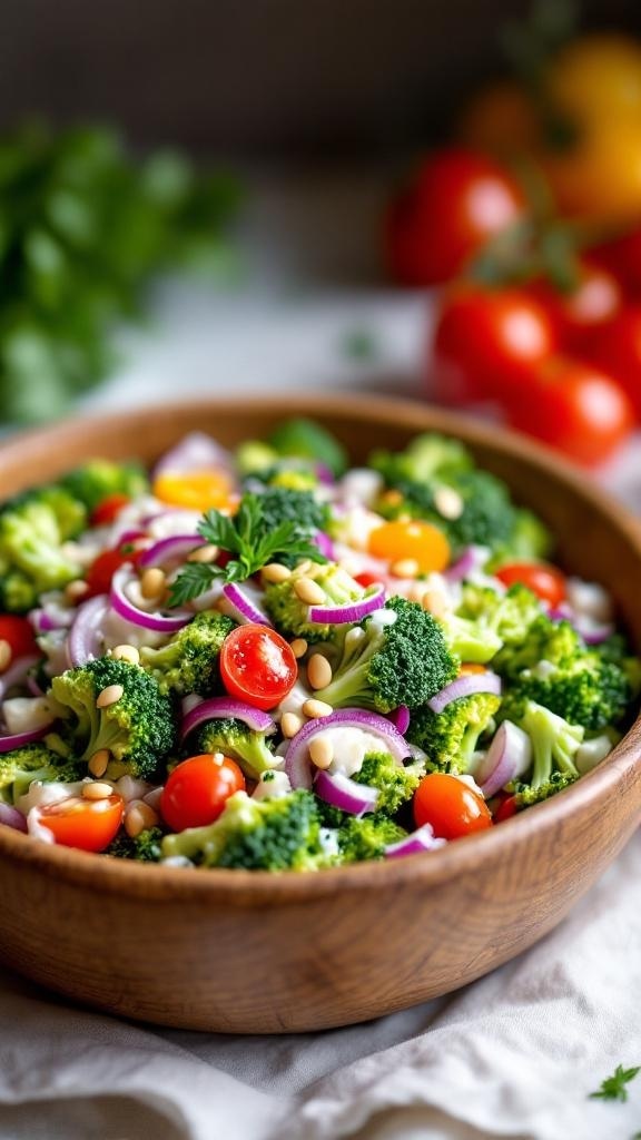 A vibrant bowl of broccoli salad with cherry tomatoes, red onions, and pine nuts, drizzled with Greek yogurt dressing.