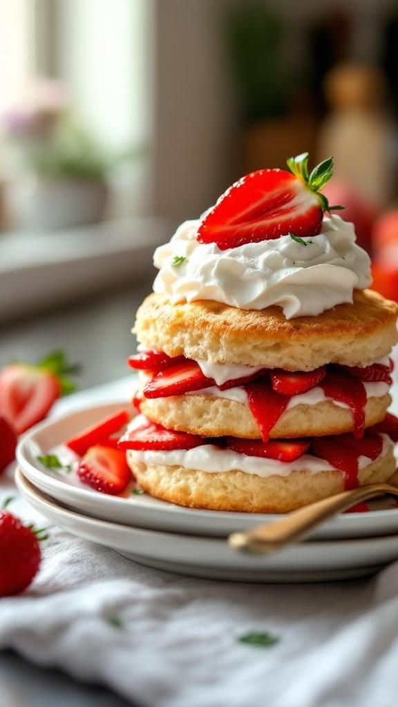 A delicious stack of strawberry shortcake with layers of biscuits, strawberries, and whipped cream.
