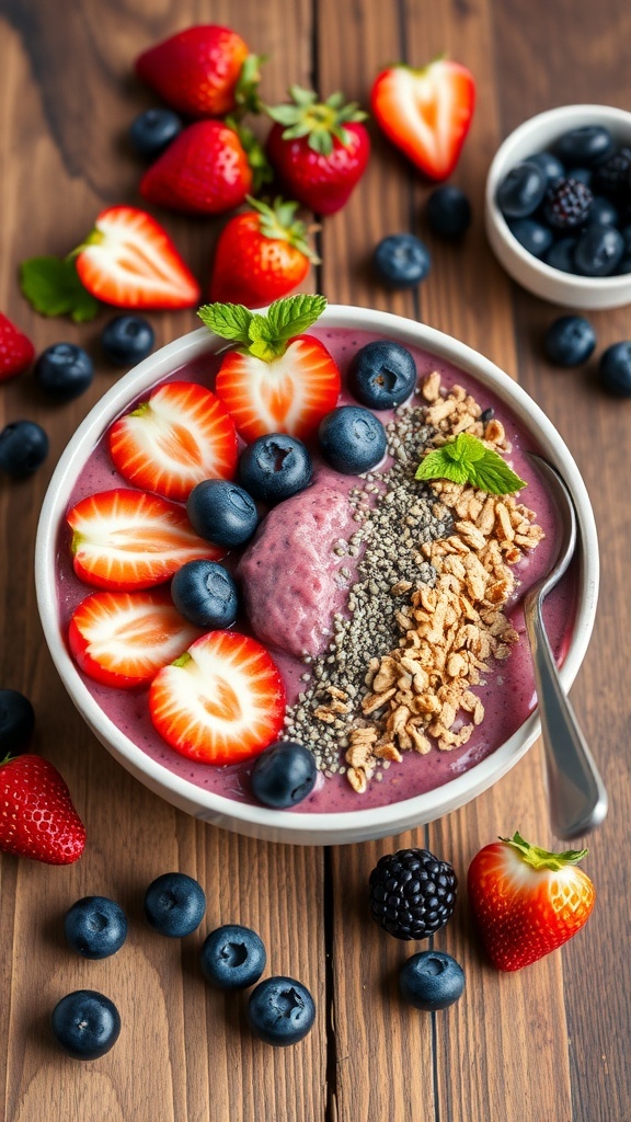 A colorful berry smoothie bowl topped with fresh strawberries, blueberries, chia seeds, and granola.