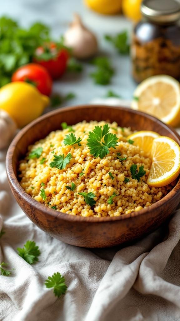 A bowl of lemon garlic quinoa garnished with fresh parsley, surrounded by lemons and tomatoes.