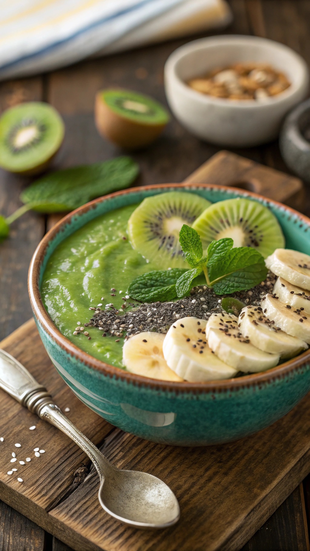 A vibrant green smoothie bowl topped with banana slices, kiwi, chia seeds, and mint leaves.