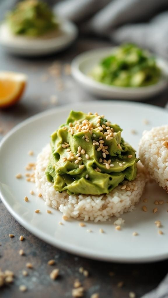 Rice cakes topped with mashed avocado and sesame seeds on a plate.
