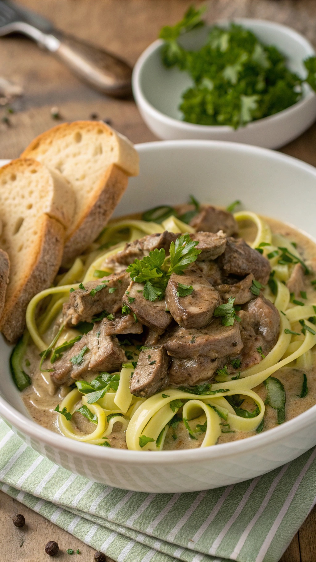 A bowl of rich and creamy beef stroganoff served over zucchini noodles, garnished with parsley and accompanied by slices of bread.