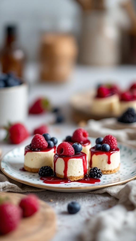 Rich and creamy cashew cheesecake bites topped with fresh berries and berry sauce on a plate.