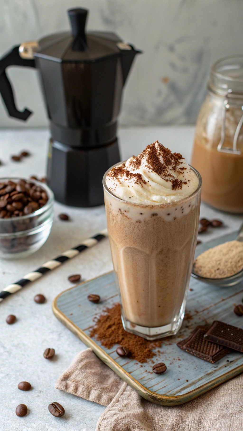 A rich and creamy coffee smoothie topped with whipped cream and cocoa powder, with coffee beans and a coffee maker in the background.