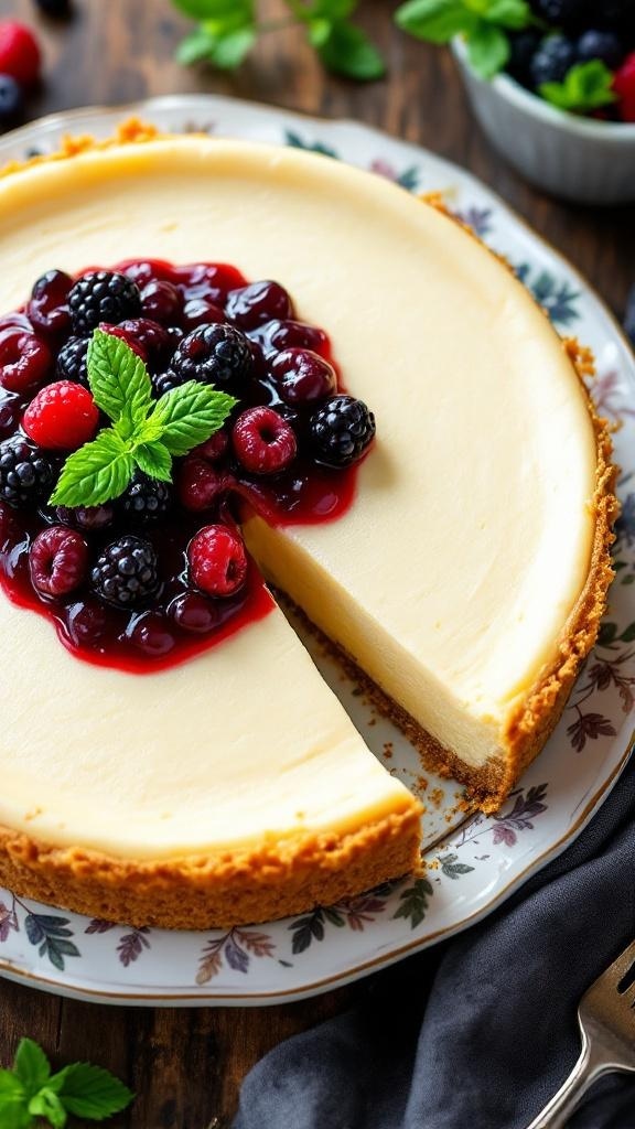 A rich and creamy keto cheesecake topped with mixed berries and mint leaves.
