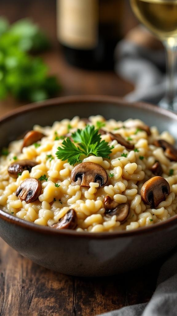 A bowl of rich and creamy mushroom risotto garnished with parsley.