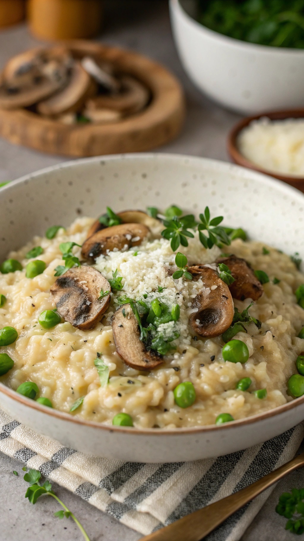 A bowl of rich and creamy mushroom risotto with peas, garnished with herbs and Parmesan cheese.