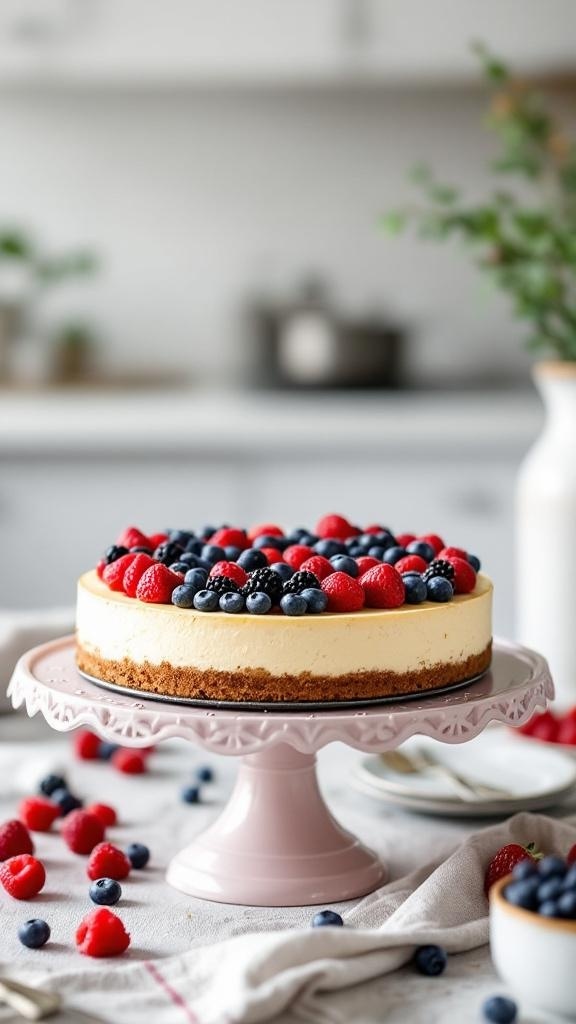 A rich and creamy no-bake cheesecake topped with fresh raspberries and blueberries, displayed on a pink cake stand.