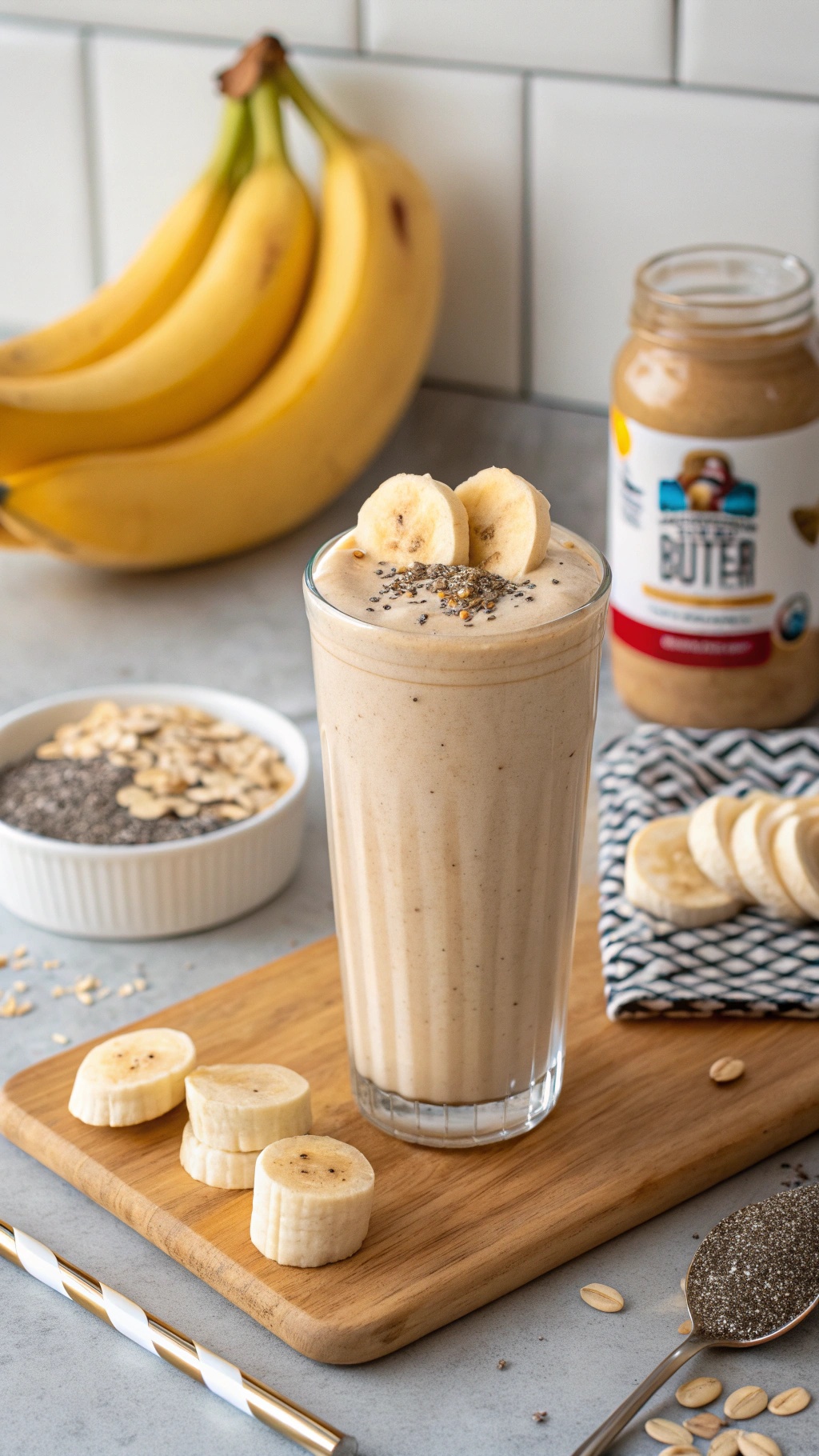 A rich and creamy peanut butter banana smoothie in a glass, topped with banana slices and chia seeds, with bananas and peanut butter in the background.