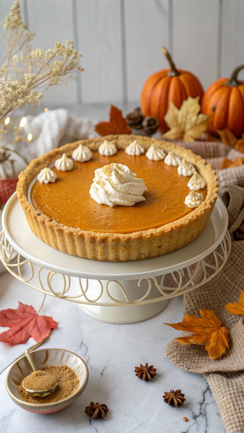 A rich and creamy pumpkin pie topped with whipped cream, surrounded by autumn leaves and small pumpkins.