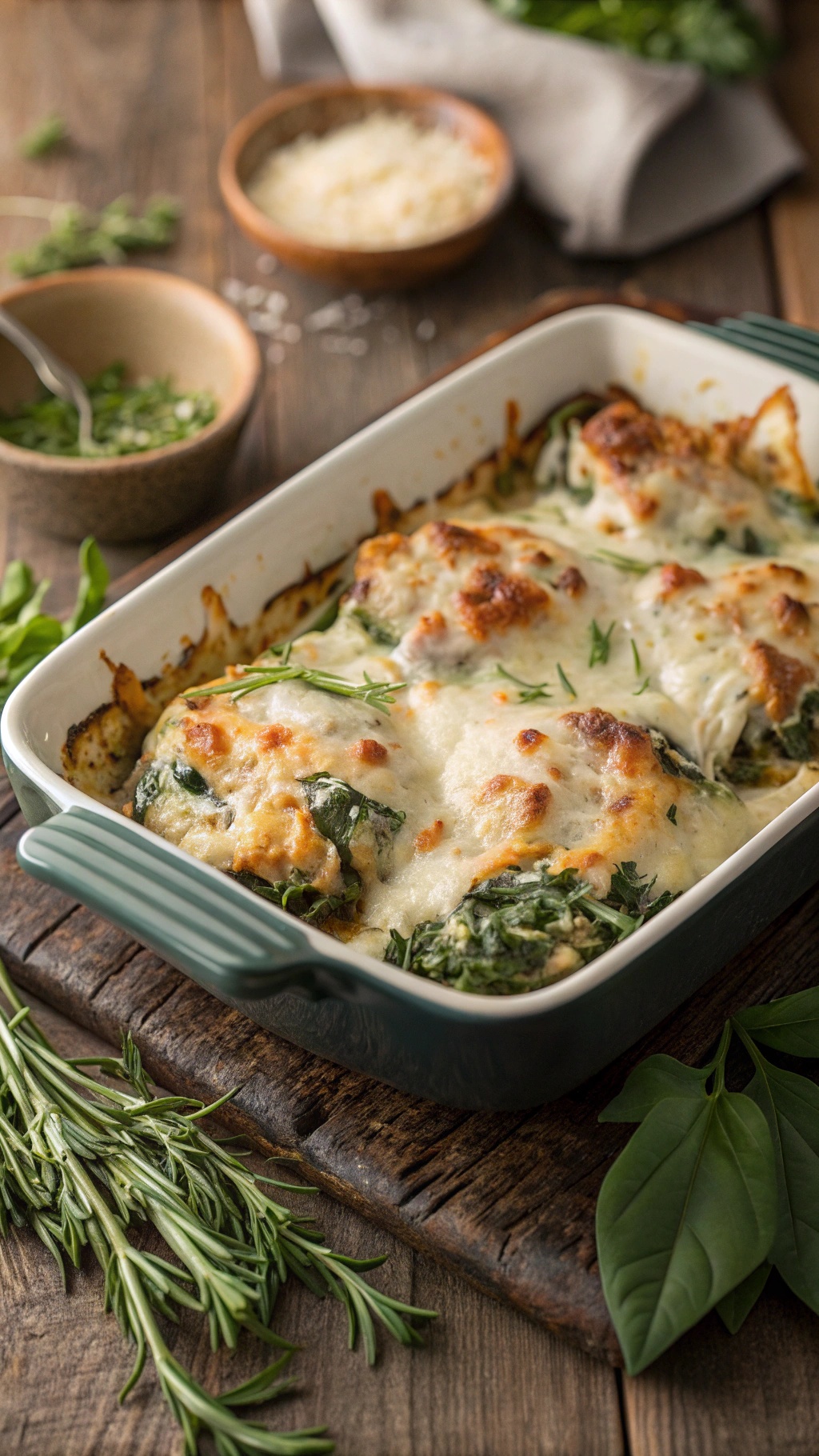 A delicious Spinach Artichoke Chicken Bake in a baking dish, topped with melted cheese.
