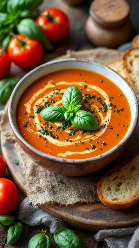 A bowl of rich and creamy tomato basil soup garnished with fresh basil leaves, surrounded by tomatoes and bread.