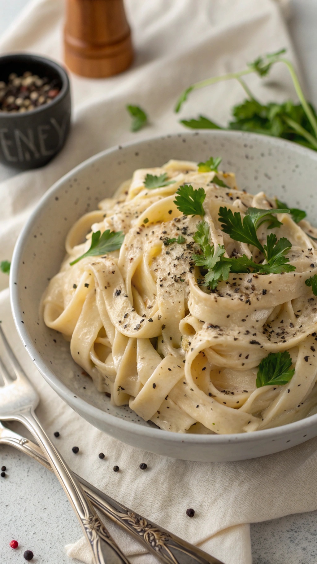 A bowl of rich and creamy vegan Alfredo pasta topped with fresh herbs and black pepper.