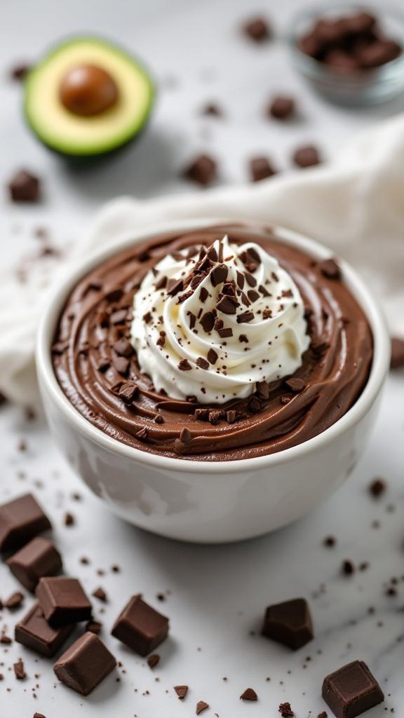 A bowl of rich chocolate avocado pudding topped with whipped cream and chocolate shavings, with an avocado and chocolate pieces in the background.