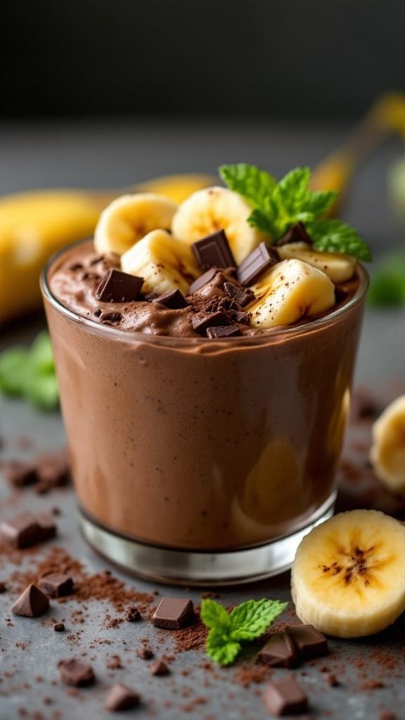 A glass of rich chocolate banana pudding topped with banana slices, chocolate chunks, and mint leaves.