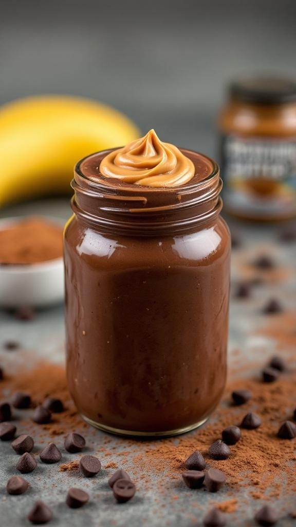 Rich Chocolate Peanut Butter Protein Shake in a jar with peanut butter topping, surrounded by chocolate chips and cocoa powder.