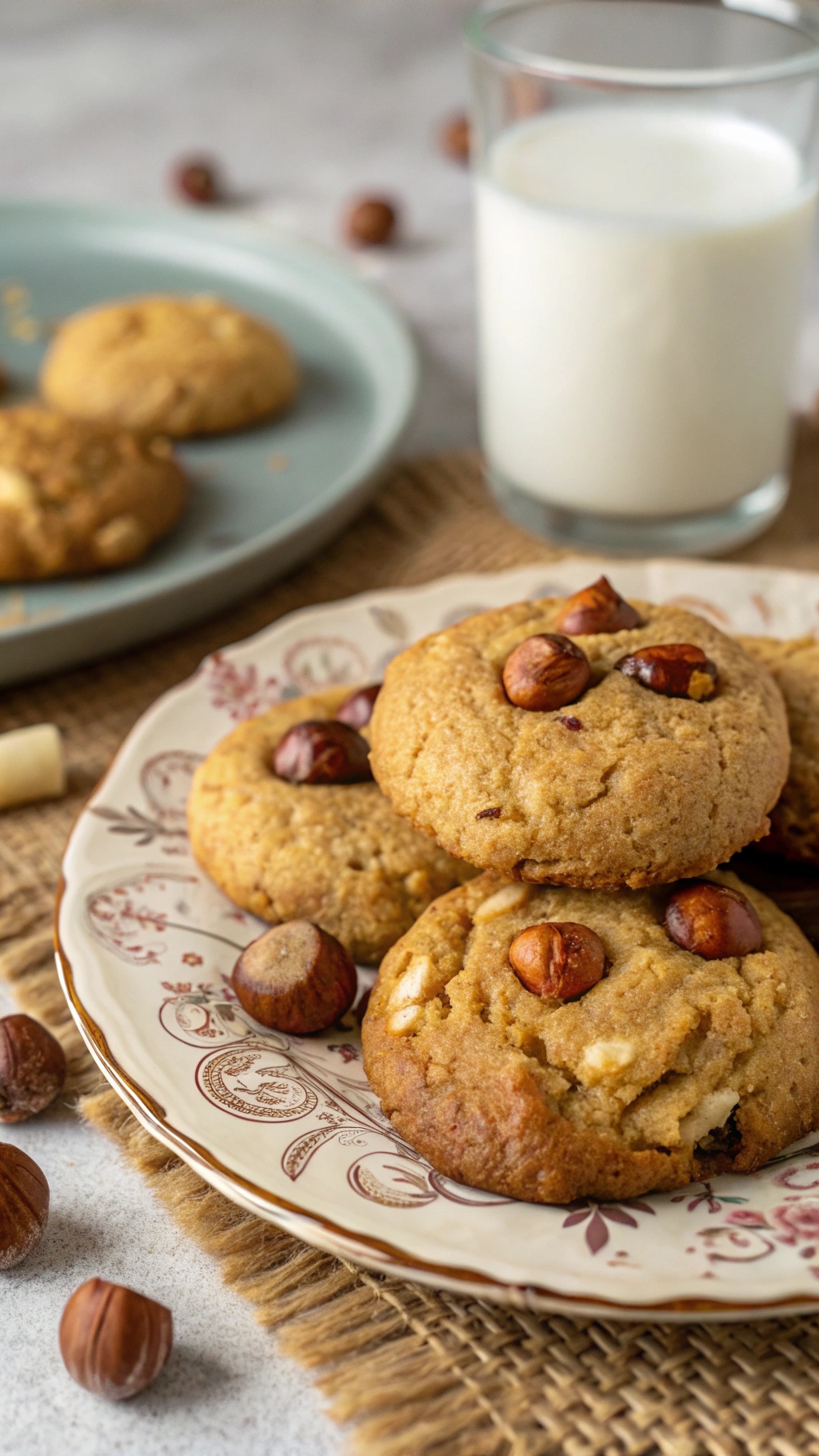 A plate of rich hazelnut protein cookies with whole hazelnuts on top, accompanied by a glass of milk.