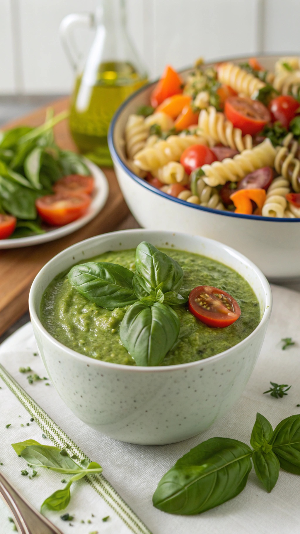A bowl of rich green pesto dressing garnished with basil leaves and cherry tomatoes, alongside a colorful pasta salad.