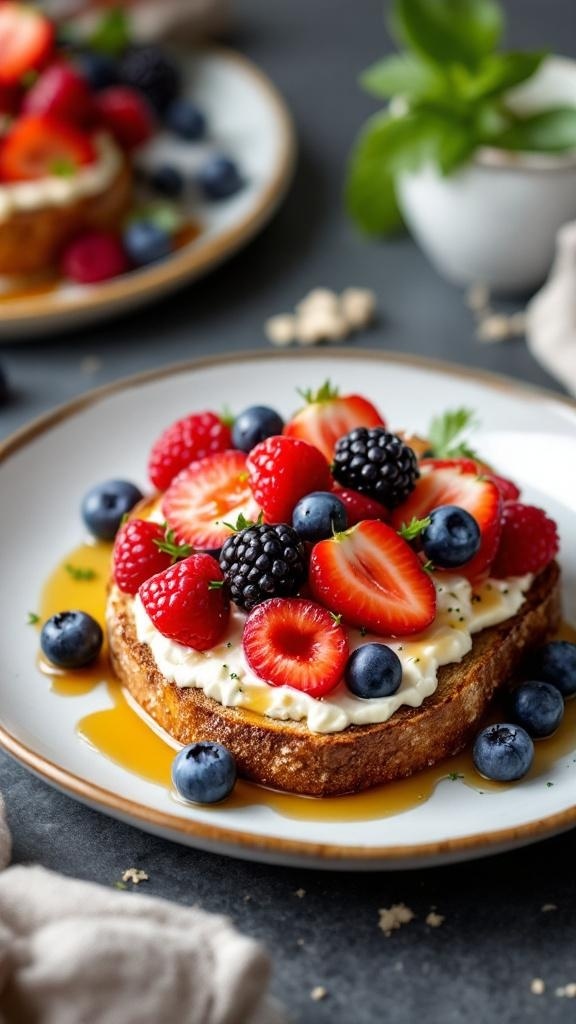 A slice of ricotta and berry stuffed protein toast topped with fresh strawberries, blueberries, and blackberries, drizzled with syrup.