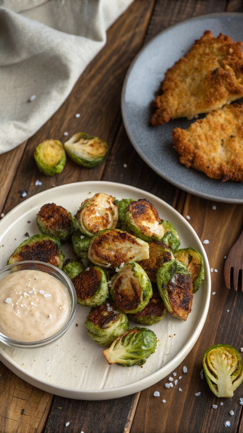 Crispy roasted Brussels sprouts served with a creamy dipping sauce