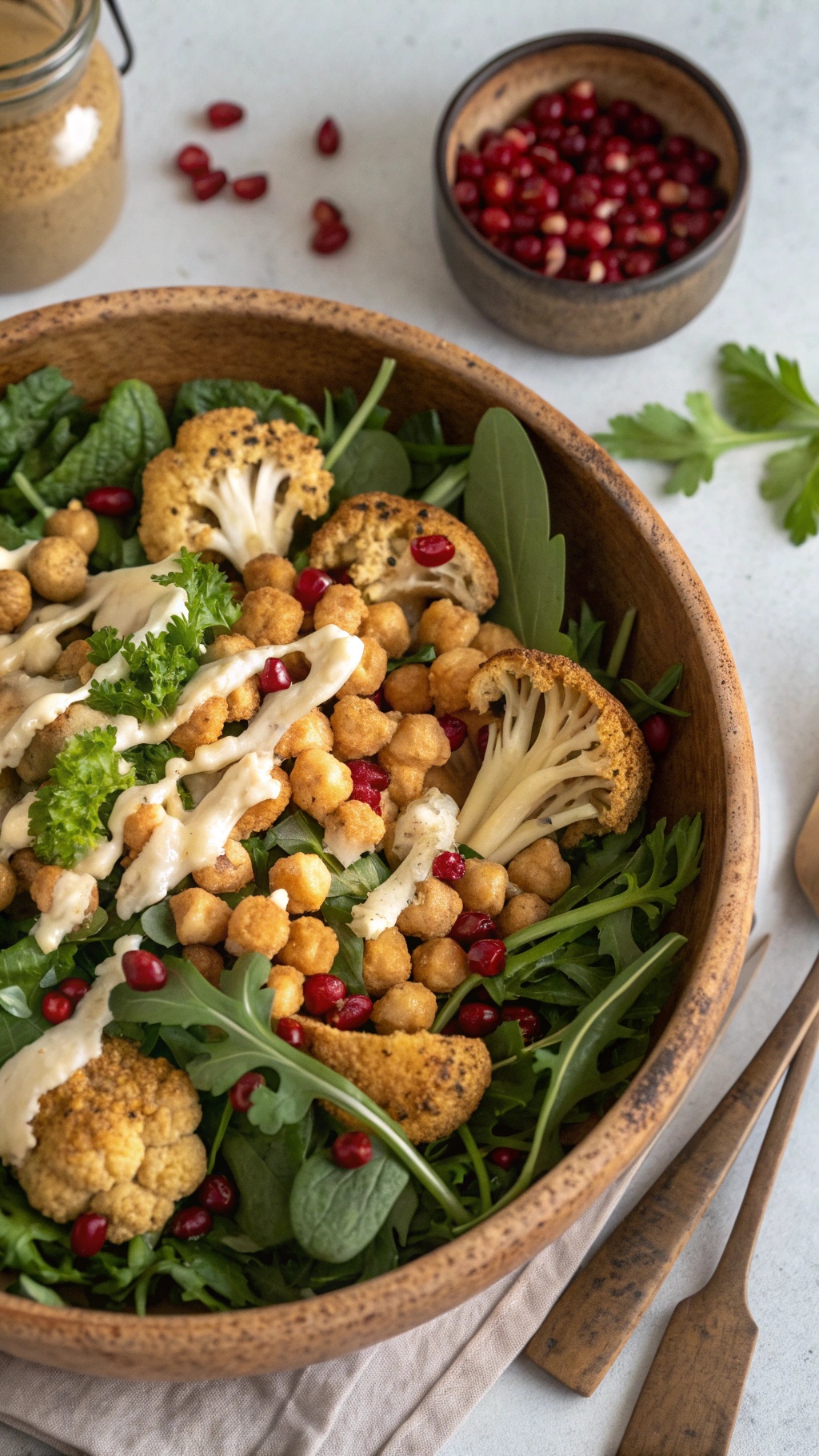 A colorful roasted cauliflower and chickpea salad with greens and pomegranate seeds in a wooden bowl.