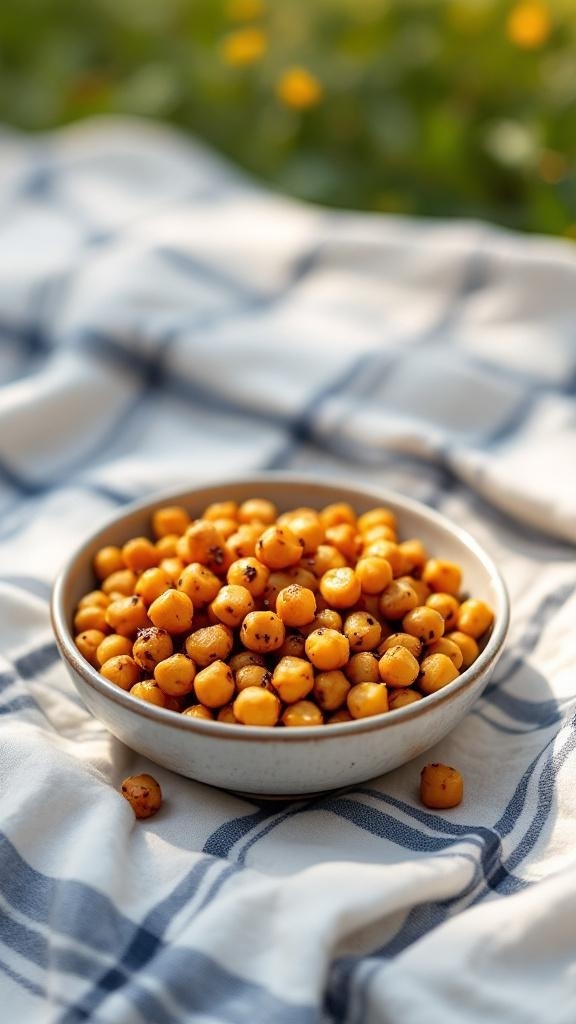 A bowl of golden roasted chickpeas on a checkered cloth