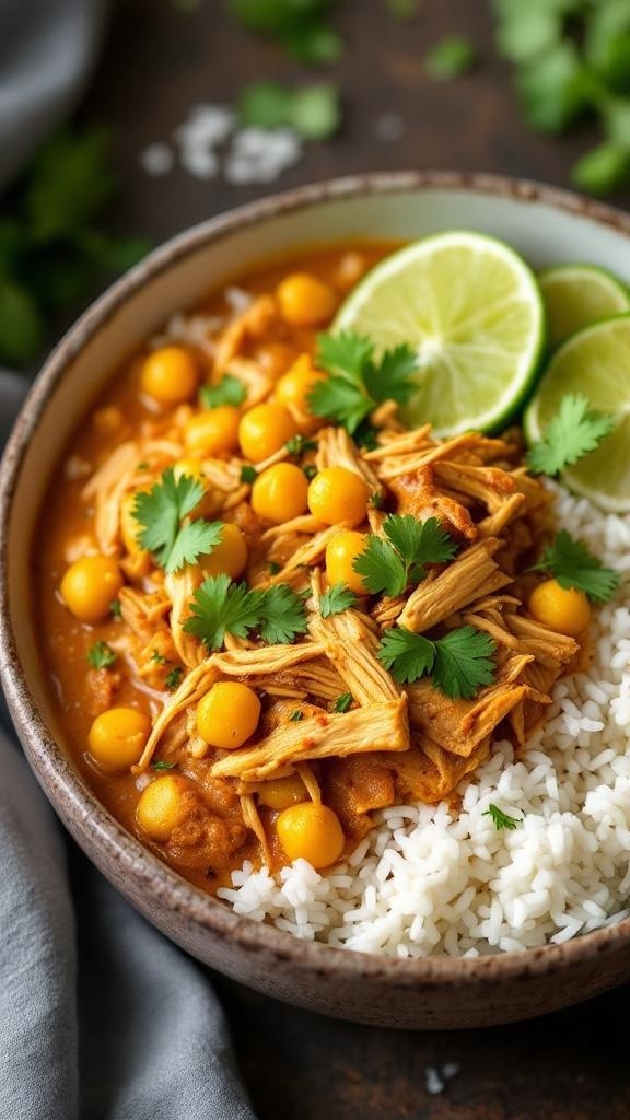 A bowl of rotisserie chicken and chickpea curry served with rice, garnished with cilantro and lime.