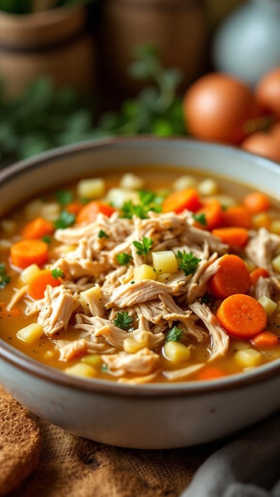 A bowl of rotisserie chicken and vegetable soup with shredded chicken, carrots, and potatoes.