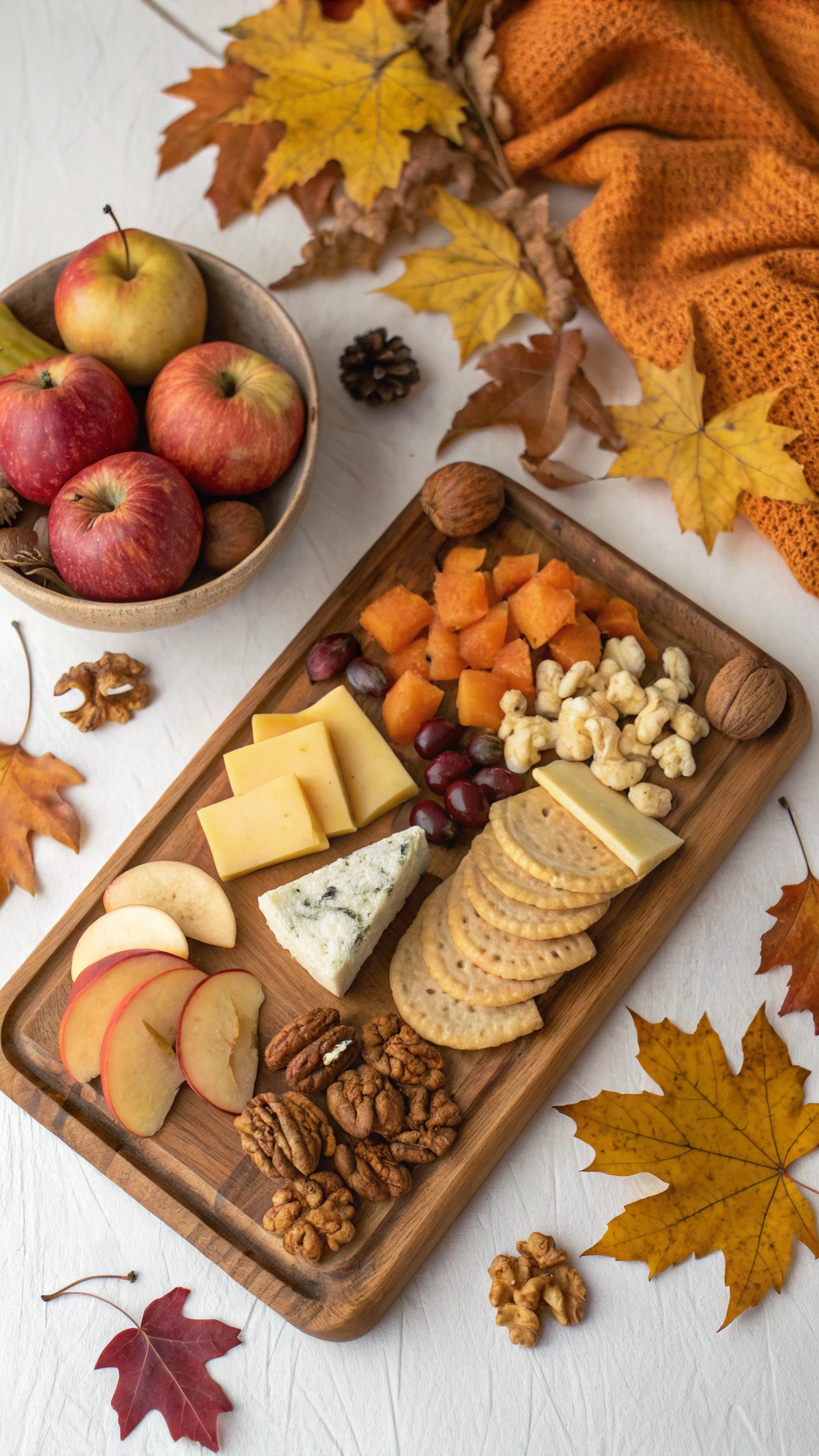 A rustic autumn cheese board featuring assorted cheeses, fresh fruits, nuts, and crackers, surrounded by fall leaves.