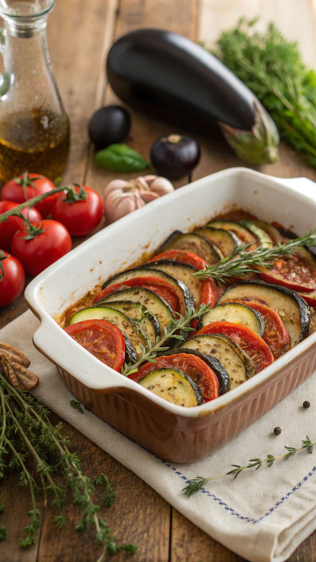 A rustic baked ratatouille with layers of sliced vegetables in a baking dish, surrounded by fresh ingredients.