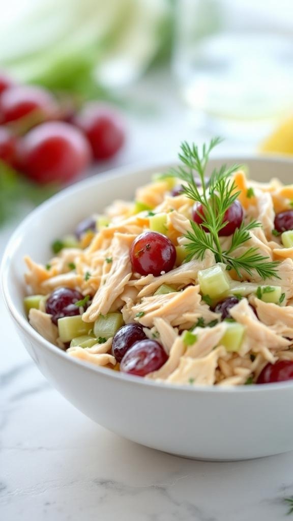 A bowl of chicken salad with grapes and celery, garnished with fresh herbs.