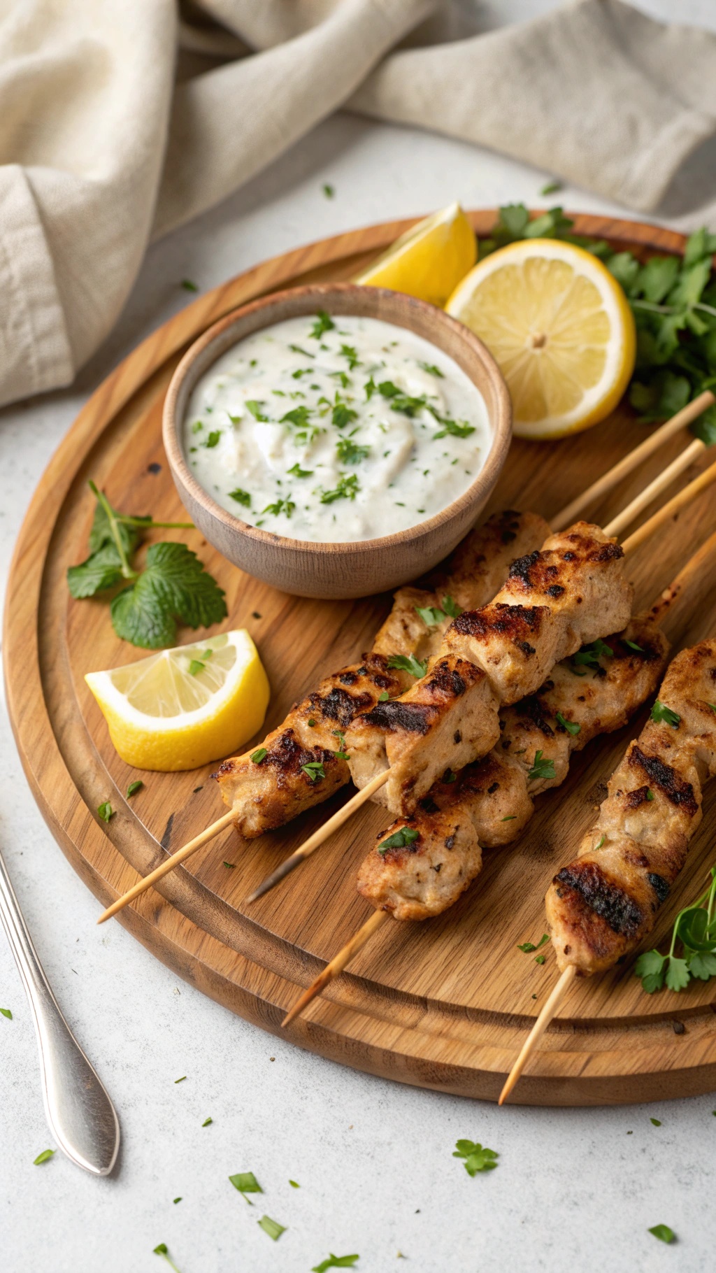 Mediterranean chicken skewers with dipping sauce and lemon wedges on a wooden platter.