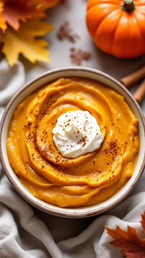 A bowl of pumpkin spice chia pudding topped with whipped cream and cinnamon, surrounded by autumn leaves and a small pumpkin.