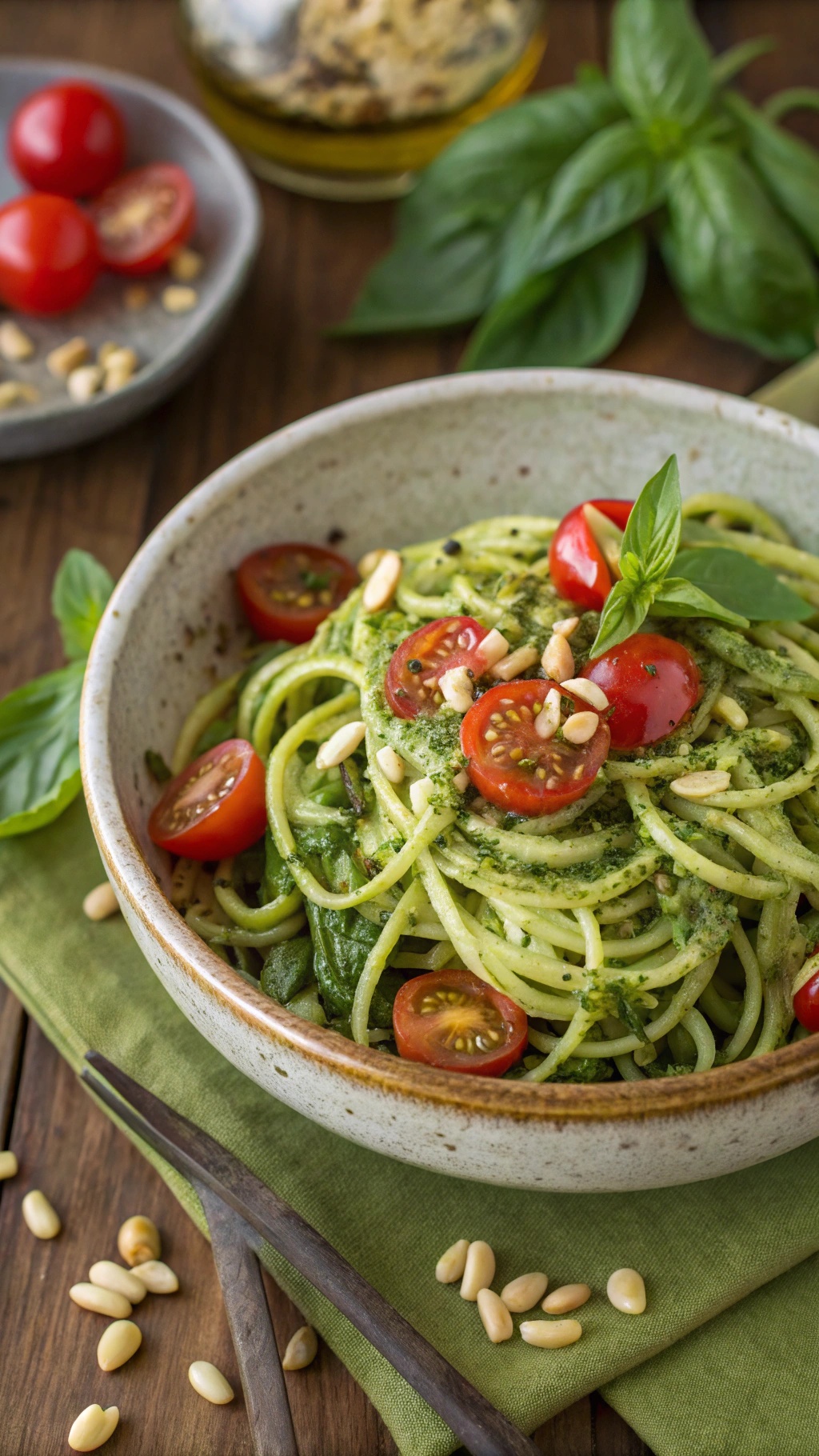 A bowl of zucchini noodles topped with pesto, cherry tomatoes, and pine nuts.