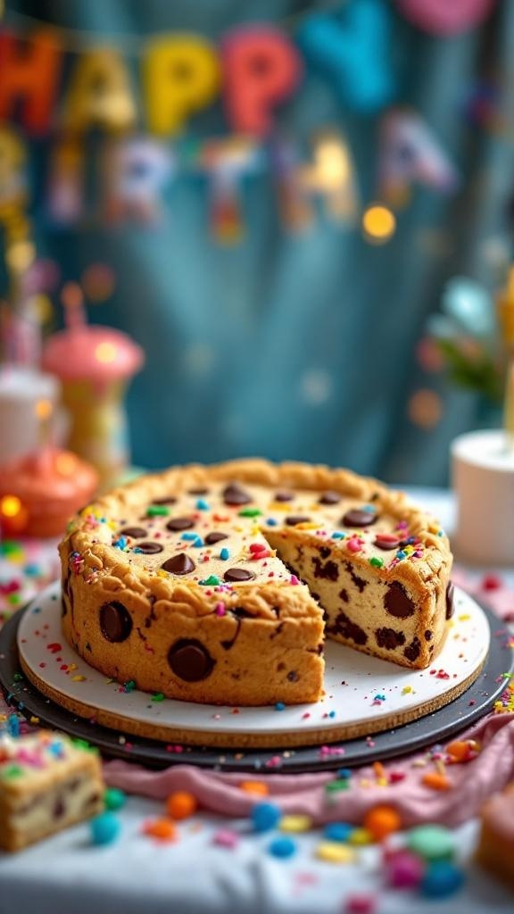 A chocolate chip cookie cake decorated with colorful sprinkles, set against a festive background.