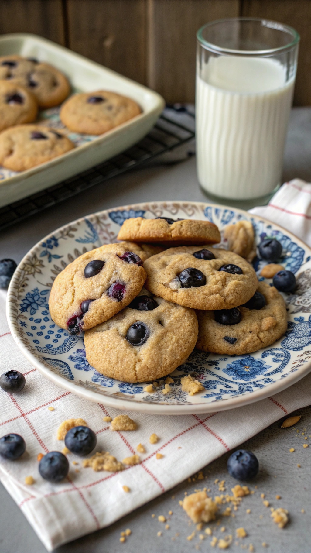 A plate of freshly baked low-sugar blueberry cookies with a glass of milk in the background.