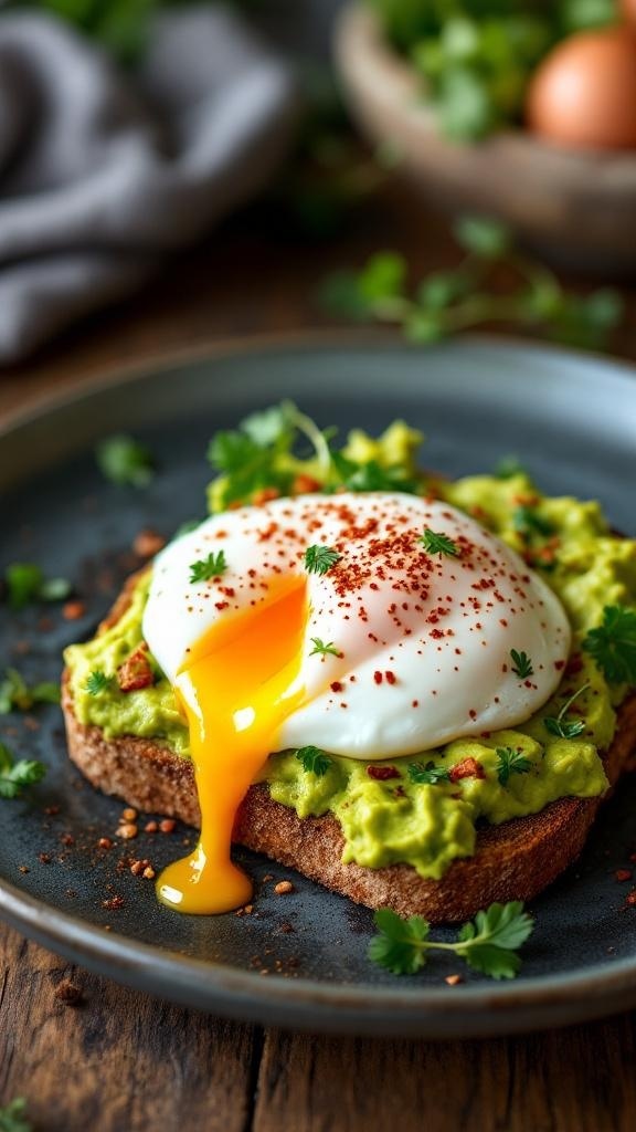 Avocado toast topped with a poached egg, garnished with herbs and spices.